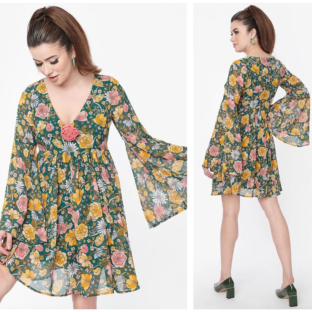 Unique Vintage Floral Mini Dress - Green, Yellow, Pink